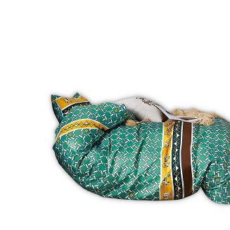 Pościel satynowa 160x200 zielona w geometryczny wzór + szara kratka