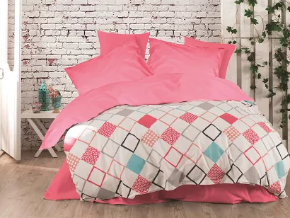 Pościel bawełniana SION FUCHSIA 160x200 COTTONLOVE EXCLUSIVE różowa kolorowe kwadraty