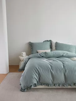 Pościel satyna bawełniana 160x200 Ruffy Premium szałwiowa z falbanką