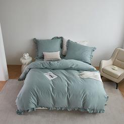 Pościel satyna bawełniana 160x200 Ruffy Premium szałwiowa z falbanką