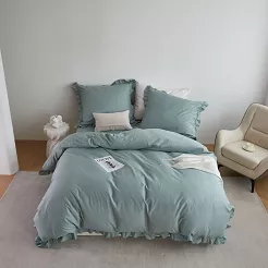 Pościel satyna bawełniana 160x200 Ruffy Premium szałwiowa z falbanką