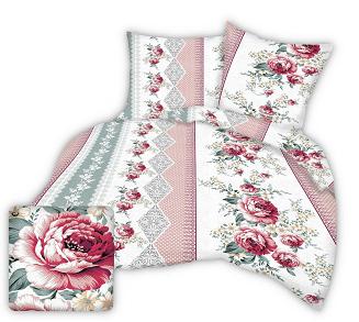 Pościel z kory I 160x200 biała różowa w cygańskie róże + groszki