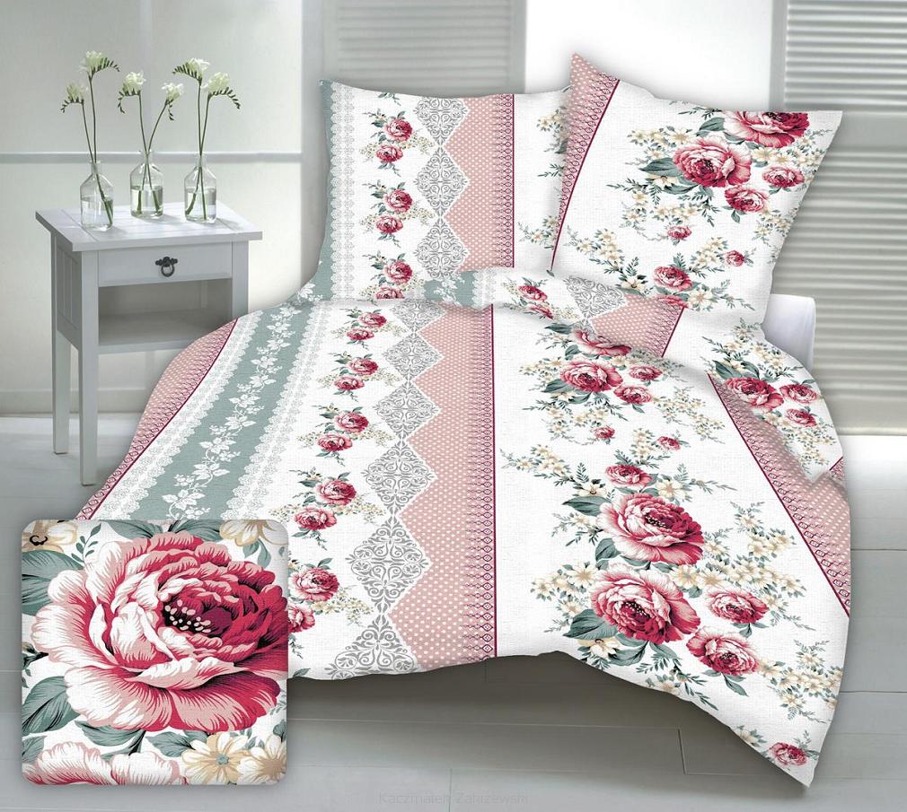 Pościel z kory I 160x200 biała różowa w cygańskie róże + groszki