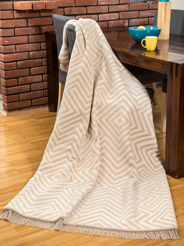 Koc bawełniano-akrylowy 150x200 kremowy beżowy geometria