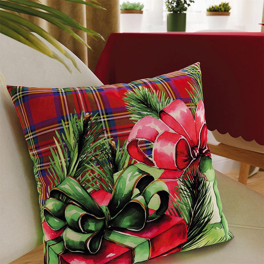 Poszewka dekoracyjna świąteczna PREZENTY 40x40 welwetowa czerwona zielona