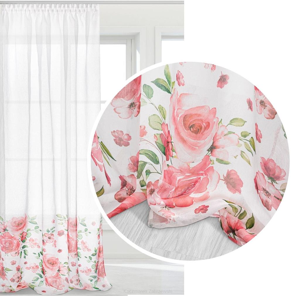 Firana gotowa na taśmie ROSALLY 140x250 biało czerwona w róże
