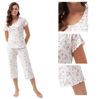 Piżama damska LUNA kod 666 ecru różowa prążki różyczki kwiatki