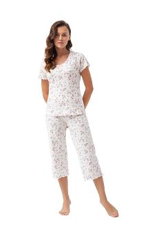 Piżama damska LUNA kod 666 ecru różowa prążki różyczki kwiatki