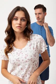 Piżama damska LUNA kod 666 ecru różowa prążki różyczki kwiatki