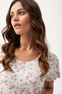 Piżama damska LUNA kod 666 ecru różowa prążki różyczki kwiatki