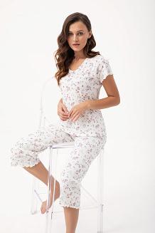 Piżama damska LUNA kod 666 ecru różowa prążki różyczki kwiatki