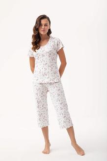 Piżama damska LUNA kod 666 ecru różowa prążki różyczki kwiatki