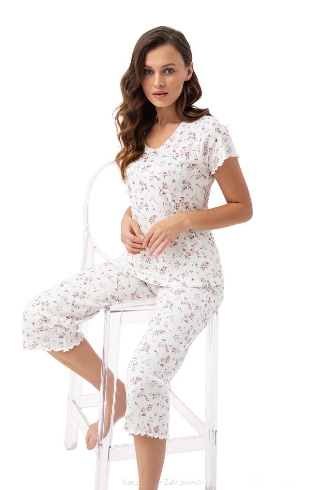 Piżama damska LUNA kod 666 ecru różowa prążki różyczki kwiatki