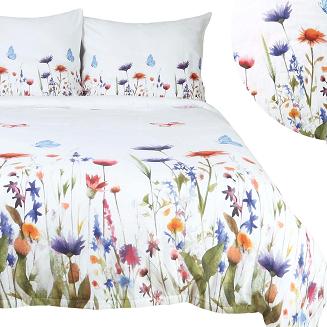 Pościel flanelowa FLANELOVE 160x200 kolorowa łąka kwiatów na białym tle