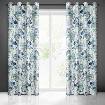 Zasłona gotowa na przelotkach ALVA 140x250 Eurofirany biała w niebieskie kwiaty