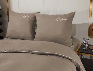 Pościel 160x200 taupe srebrny haft satynowa lamówka