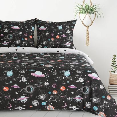 Pościel bawełniana KID 160x200 Design91 czarna biała wieloklorowa kosmos