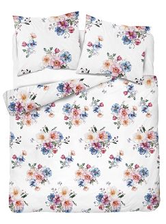 Pościel flanelowa 220x200 biała granatowe różowe turkusowe kompozycje kwiatowe