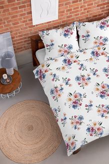 Pościel flanelowa 220x200 biała granatowe różowe turkusowe kompozycje kwiatowe