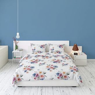 Pościel flanelowa 220x200 biała granatowe różowe turkusowe kompozycje kwiatowe