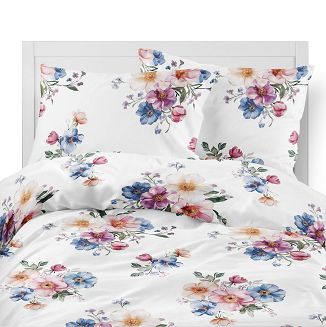 Pościel flanelowa 220x200 biała granatowe różowe turkusowe kompozycje kwiatowe