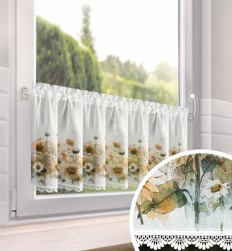 Zazdrostka gotowa na taśmie SUNFLOWER 150x40 Eurofirany biała żółte słoneczniki
