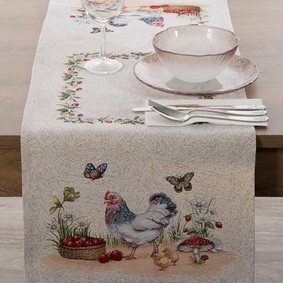 Obrus dekoracyjny 40x100 Eurofirany naturalny wielokolorowy kwoka i kurczęta