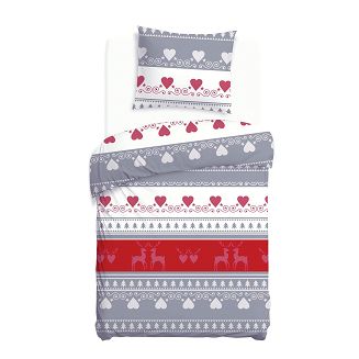 Pościel flanelowa FLANELOVE 140x200 szara w serca i choinki