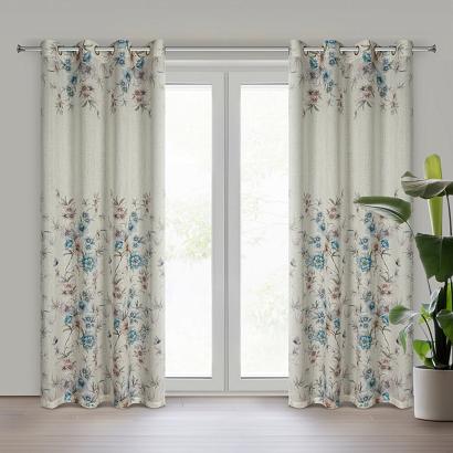 Zasłona gotowa na przelotkach IVY2 140x250 Eurofirany naturalna niebieska brązowa kwiatki