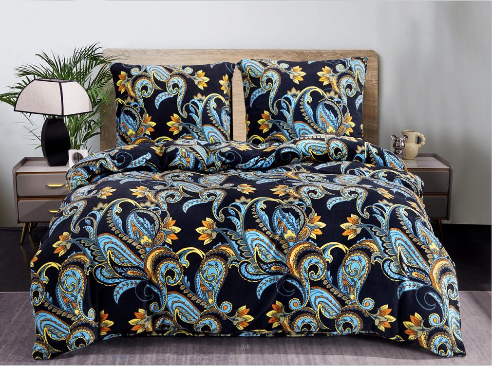 Pościel polarowa 160x200 welur granatowa niebieska złota paisley