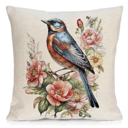 Poszewka dekoracyjna gobelin 45x45 Eurofirany naturalna niebieska ptak wśród kwiatów