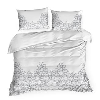 Pościel satynowa CLASS 160x200 Eurofirany wzór szare kwiaty i plaster miodu na bieli