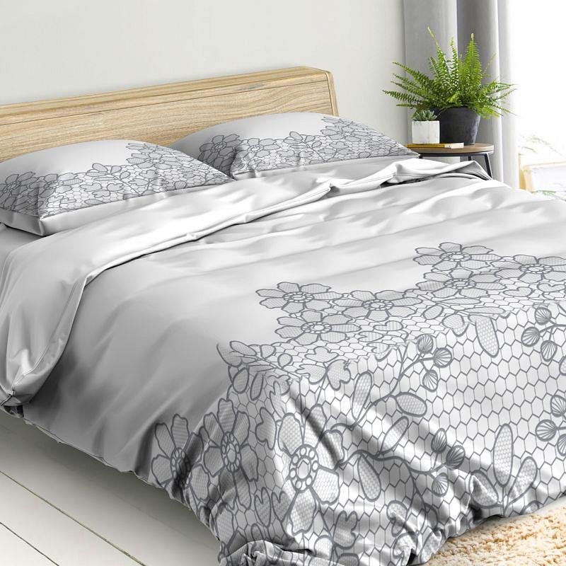 Pościel satynowa CLASS 160x200 Eurofirany wzór szare kwiaty i plaster miodu na bieli