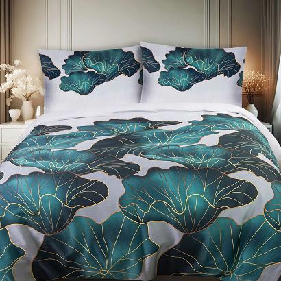 Pościel satyna bawełniana SATYNLOVE 160x200 szara w turkusowe złote liście