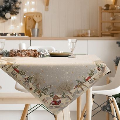 Obrus świąteczny gobelinowy 140x180 Eurofirany popielaty złocisty zimowy krajobraz bałwanki sanki