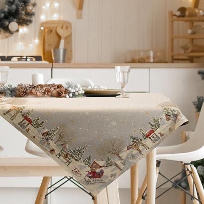 Obrus świąteczny gobelinowy 140x180 Eurofirany popielaty złocisty zimowy krajobraz bałwanki sanki