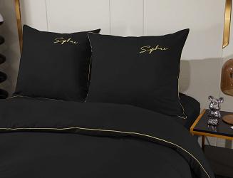 Pościel 200x220 czarna złoty haft satynowa lamówka