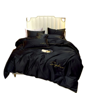 Pościel 200x220 czarna złoty haft satynowa lamówka