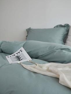 Pościel satyna bawełniana 140x200 Ruffy Premium szałwiowa z falbanką