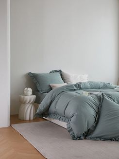 Pościel satyna bawełniana 140x200 Ruffy Premium szałwiowa z falbanką