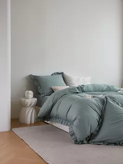 Pościel satyna bawełniana 140x200 Ruffy Premium szałwiowa z falbanką