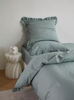 Pościel satyna bawełniana 140x200 Ruffy Premium szałwiowa z falbanką