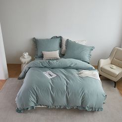 Pościel satyna bawełniana 140x200 Ruffy Premium szałwiowa z falbanką