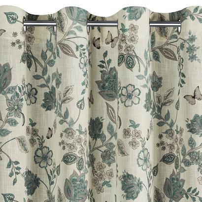 Zasłona gotowa na przelotkach TALI 140x250 Eurofirany naturalna niebieska z dodatkiem lnu stylizowane kwiaty
