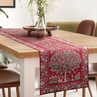 Bieżnik dekoracyjny gobelin 40x100 Eurofirany czerwony zielony kwitnące drzewo ornamenty