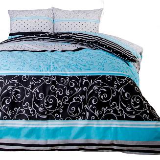 Pościel bawełniana 160x200 COTTONLOVE biała czarna niebieska roślinny ornament