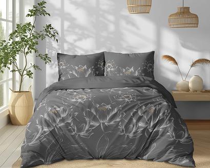 Pościel bawełniana 220x200 Detexpol szara kwiaty lotosu