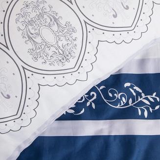 Pościel satyna bawełniana SATYNLOVE 160x200 biała granatowa pasy ornamenty