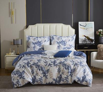 Pościel satyna bawełniana 140x200 biała niebieska beżowa w liście