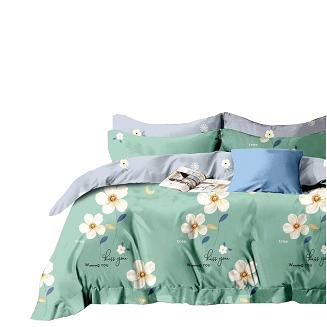 Pościel satynowa 140x200 zielona w białe kwiaty